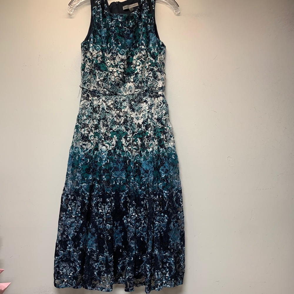 Danny and‎ Nicole Floral Lace Midi Dress Womens 4 Blue Teal Ombre Sleeveless